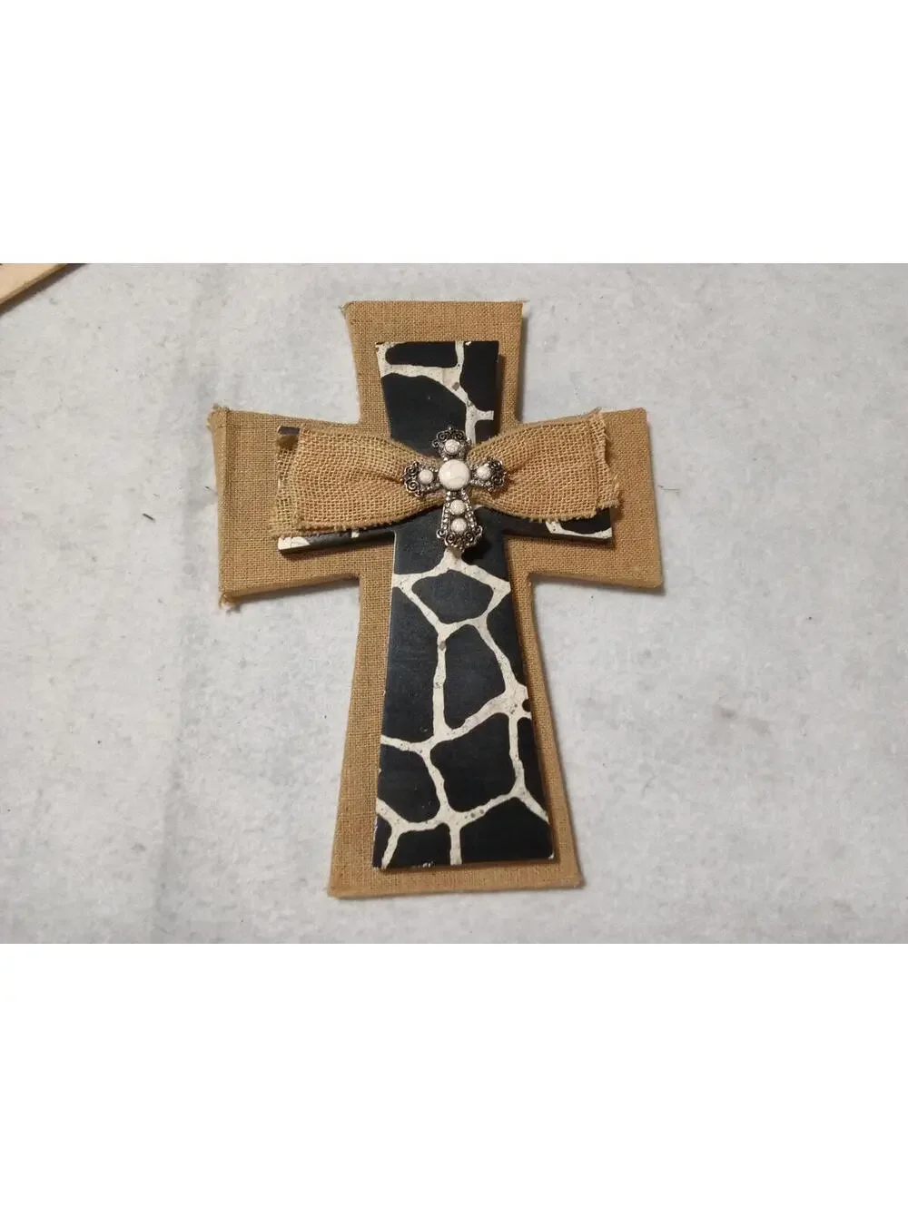 Rustic Giraffe Print Wall Cross with Burlap Bow and Rhinestone Accent